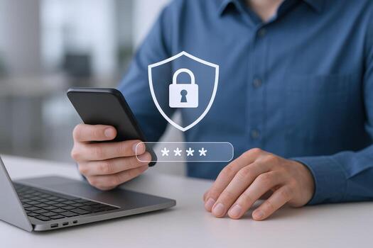 Secure mobile access Man using smartphone with security shield and password protection overlay photo