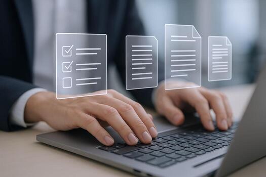 Digital Document Management Man Typing on Laptop with Virtual Documents for Efficient Workflow photo