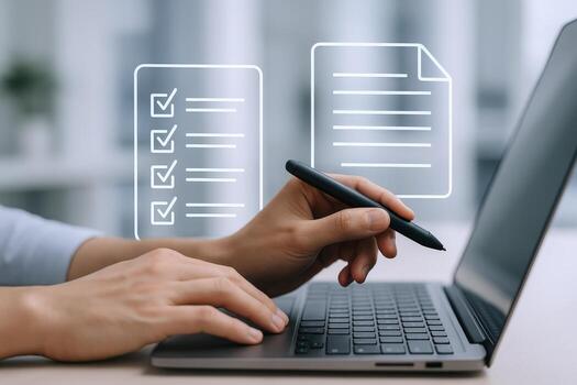 Online Document Management Concept Hands Using Laptop for Digital File Processing and Workflow Automation photo