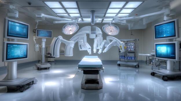 Modern Surgical Suite with Robotic Assistance Equipment Featuring Advanced Technology in Healthcare Environment photo