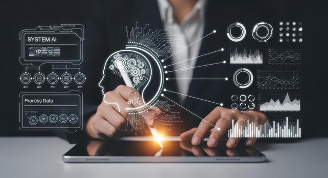 AI Interface Design with Data Visualization and Human Interaction on Tablet Display for Business Solutions photo