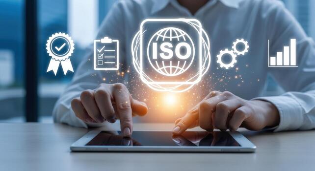 Quality Control and Assurance Management Concept Business Professional Utilizing a Tablet Device for Standards Compliance photo