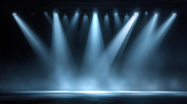 Stage Lights Illuminate Empty Platform with Atmospheric Blue Haze for Dramatic Effect and Visual Appeal photo