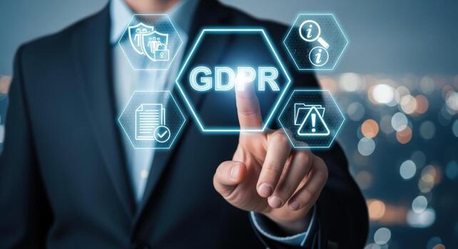 Data Protection Compliance Businessman Activating GDPR Interface for Information Security and Privacy Regulations in Business photo