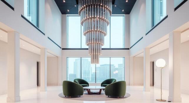 Elegant Lobby with Chandelier and City View, Interior Design and Architecture, Modern and Luxurious photo