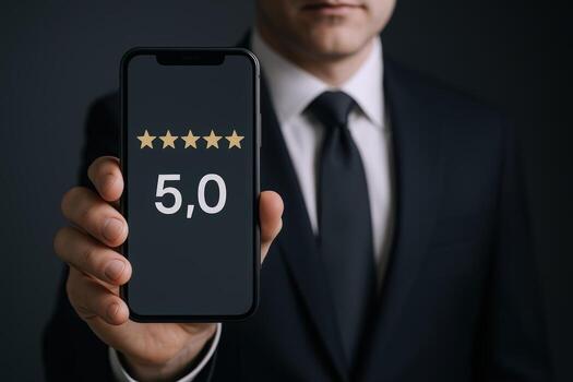 Excellent Business Performance Businessman Displaying a Five-Star Rating on Smartphone for Customer Satisfaction and Positive Reviews photo