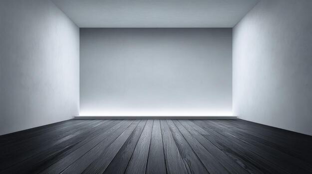 Minimalist Empty Room with Dark Wooden Floor and White Walls for Product Display or Presentation photo