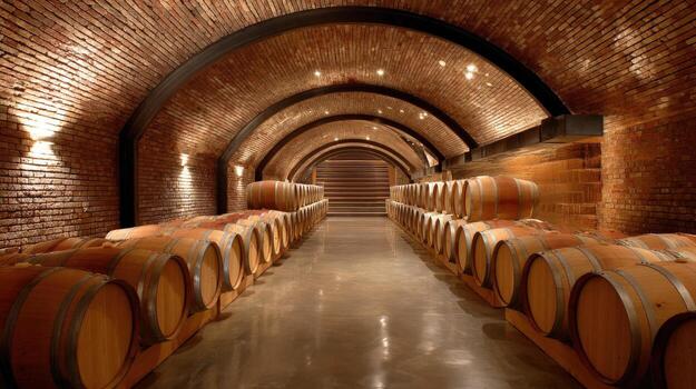 Charming Wine Cellar with Brick Arches and Rows of Oak Barrels for Aging Wine photo