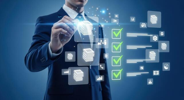 Businessman Interacting with Digital Checklist Completing Tasks and Approving Documents in a Modern Interface photo