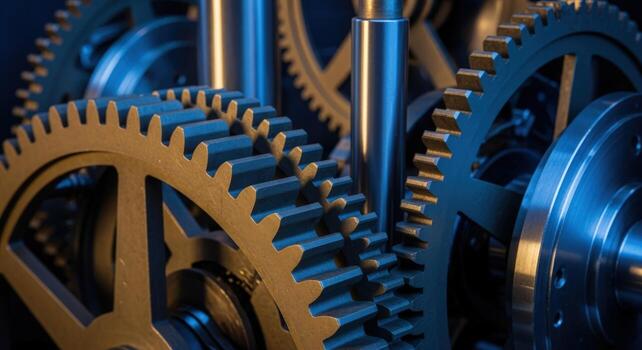 Close-up of intricate interlocking metal gears and shafts showcasing precision engineering and mechanical complexity, industrial background photo