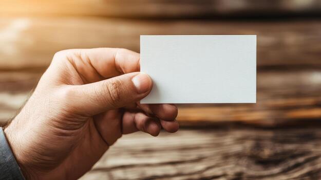Hand Holding a Blank Business Card for Mockup Against Wood Background in Horizontal Orientation photo