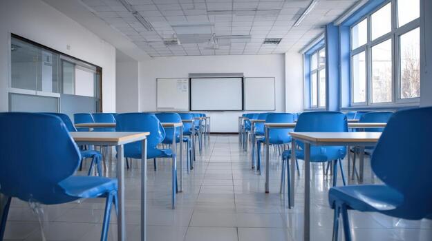 Empty Classroom with Blue Chairs and Whiteboard Ready for Students to Learn and Collaborate photo