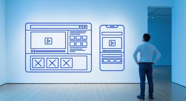 User Experience Designer Analyzing Mobile App and Website Mockups Displayed in Art Gallery photo