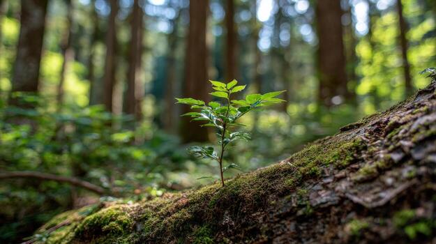 Resilient Sprout Growing on Mossy Log in Forest, Symbolizing New Beginnings and Environmental Renewal photo