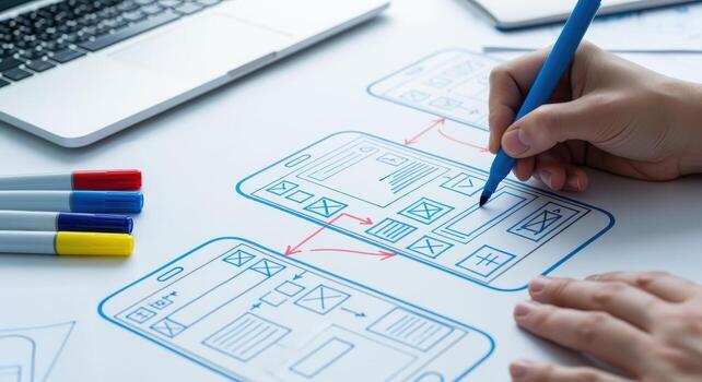 Mobile App Design Process Hand Sketching User Interface Wireframes for Website Development and Optimization photo