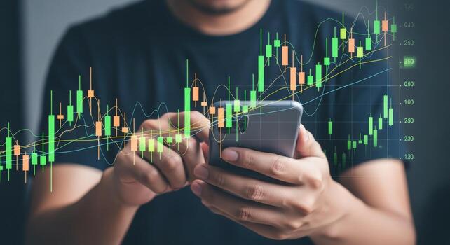 Man Analyzing Stock Market Data on Smartphone with Overlayed Candlestick Charts for Investment Decisions photo