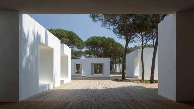 Modern Minimalist White Architecture Exterior with Natural Wood Decking and Pine Trees in an Open Courtyard photo
