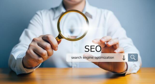 Search Engine Optimization Concept Hands Holding Magnifying Glass Over SEO Text for Website Ranking Improvement photo