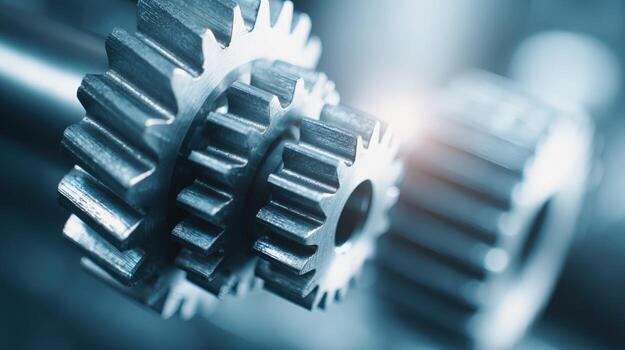 Close-up of Interlocking Metal Gears, Mechanical Engineering and Industrial Technology Concept with Selective Focus photo