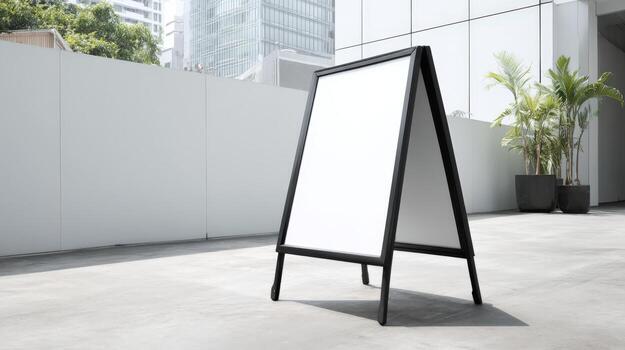 Blank A-Frame Sign Mockup for Outdoor Advertising on a Modern Building Background, Perfect for Custom Messaging photo