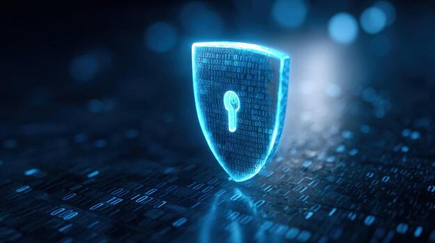 Blue Shield Security Symbol Hologram with Keyhole Data Protection and Cybersecurity Concept photo