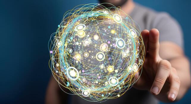 Global Network Connection Concept A Man Interacting with a Digital Representation of Worldwide Communication photo