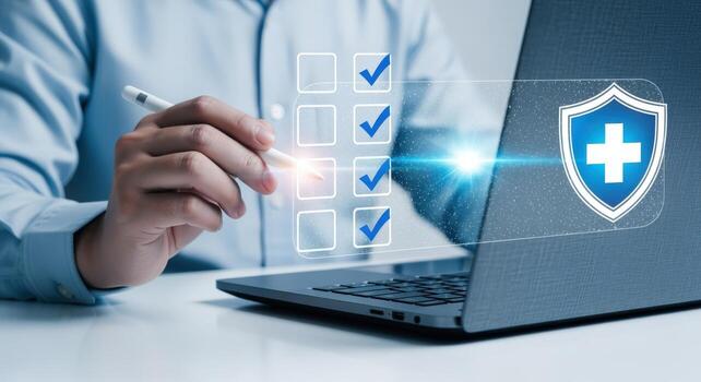 Man Completes Online Medical Insurance Application on Laptop with Digital Checklist and Health Protection Icon photo