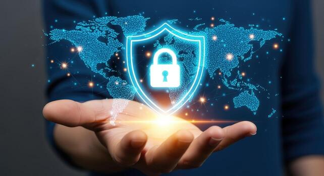 Cyber Security and Data Protection Technology with Hand Holding Shield and World Map Illustration photo