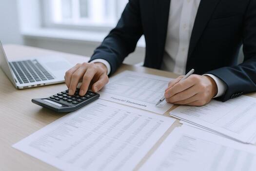 Accountant Analyzing Financial Statements with Calculator and Pen, Laptop in Background photo
