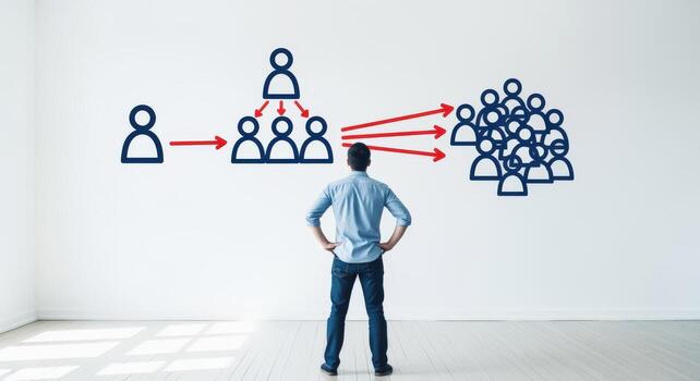 Man Examines Organizational Structure Diagram on Wall Leadership, Teamwork, Communication, and Business Growth photo