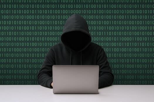 hacker silueta trabajando en ordenador portátil con binario código, la seguridad cibernética amenaza concepto foto