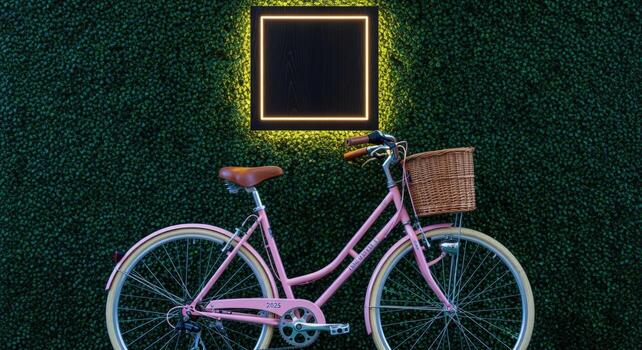 Retro Bicycle with Basket Against Green Wall and Illuminated Frame, Ideal for Lifestyle Mockups photo