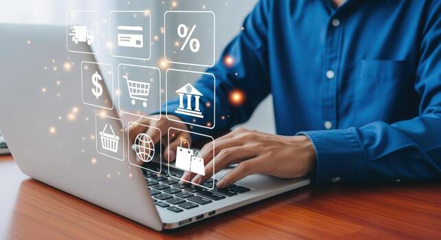 Online Shopping Experience Man Using Laptop with E-commerce Icons, Transactions and Digital Marketing photo