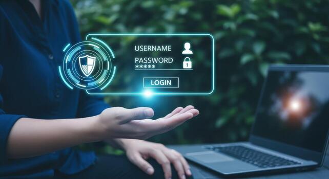Data Protection Concept Person with a Digital Screen Displaying Username and Password Login Information photo