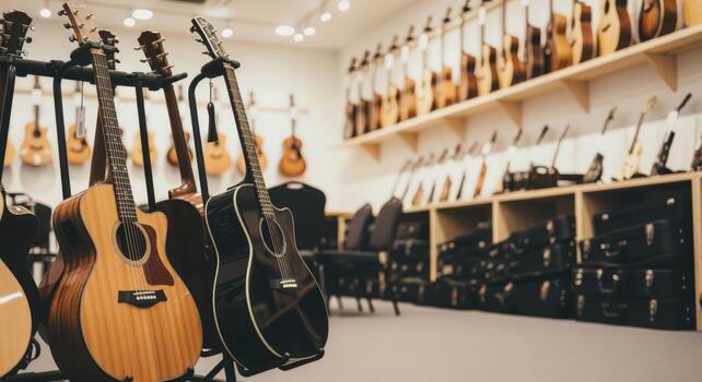 Acoustic Guitars Displayed in Music Store A Variety of Stringed Instruments for Musicians and Hobbyists photo