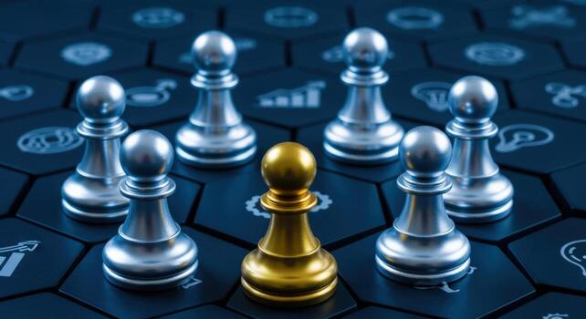 Chess Pawns Depicting Leadership, Teamwork, and Strategy on Dark Hexagonal Background with Business Icons photo