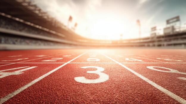 Running Track at Stadium with Lanes Marked, Preparation for a Competition on a Sunny Day photo