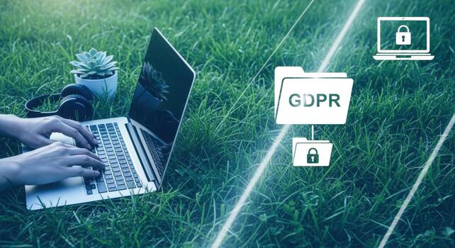 Data Protection Compliance Person Working on Laptop in Nature Demonstrating Information Privacy and Security photo