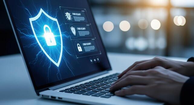 Cybersecurity on Laptop Protecting Data with Encryption and Secure Access, Showing Lock on Screen photo