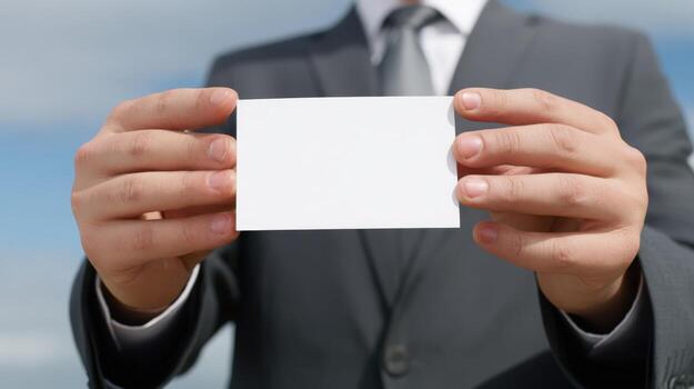 Man in Suit Holding a Blank White Card for Mockup Presentation Against a Sky Background photo