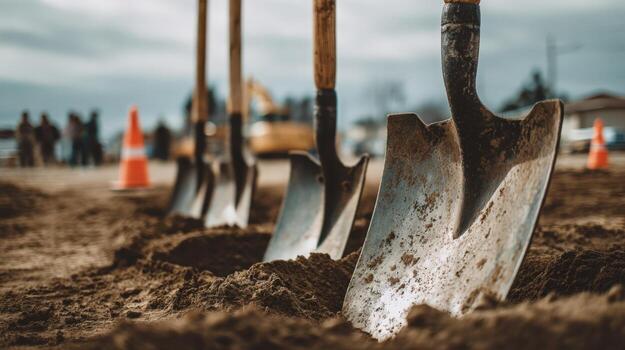 Groundbreaking Ceremony with Shovels in Soil for New Construction Project on Overcast Day photo