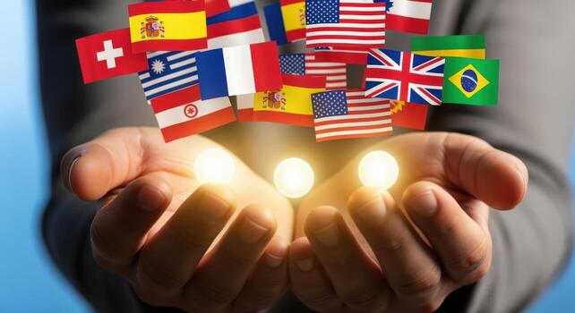Diverse International Flags Floating Above Hands Symbolizing Global Unity and Collaboration, Representing Worldwide Connection and Cultural Exchange photo