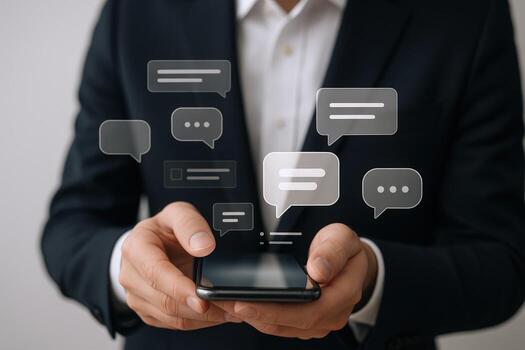 Man Holding Smartphone with Digital Chat Bubbles, Representing Online Communication and Technology Integration photo