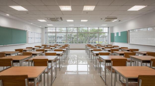Empty Classroom with Desks and Chalkboards Ready for Students to Learn Education Concepts photo