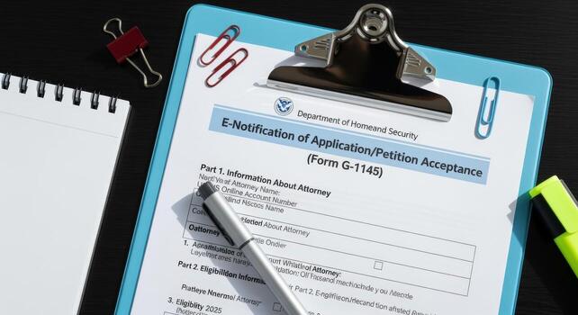 Close-up of Legal Form on Clipboard with Pen, Notebook, and Paper Clips on Desk photo