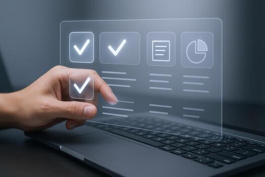 Interactive Checklist on Transparent Screen Hand Selecting Options on a Modern Laptop Interface photo