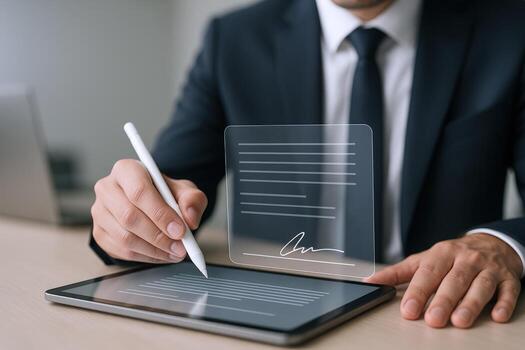 Businessman Executing Digital Contract with Stylus on Tablet - Modern Business Technology and Secure Transactions photo