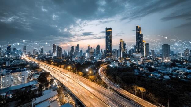 Connected Cityscape at Dusk Modern Urban Network with High-Rise Buildings and Illuminated Highways photo