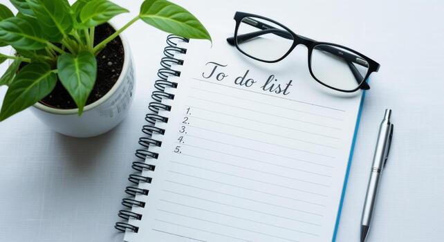 To-Do List on Spiral Notebook with Pen, Glasses, and Plant for Planning and Productivity photo