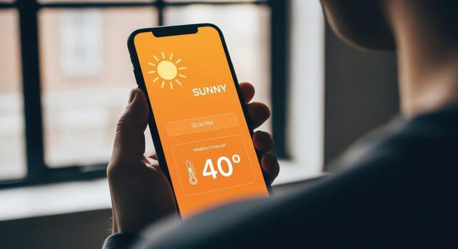 Person Using a Mobile Phone to Check the Weather Forecast on a Sunny Day Indoors photo